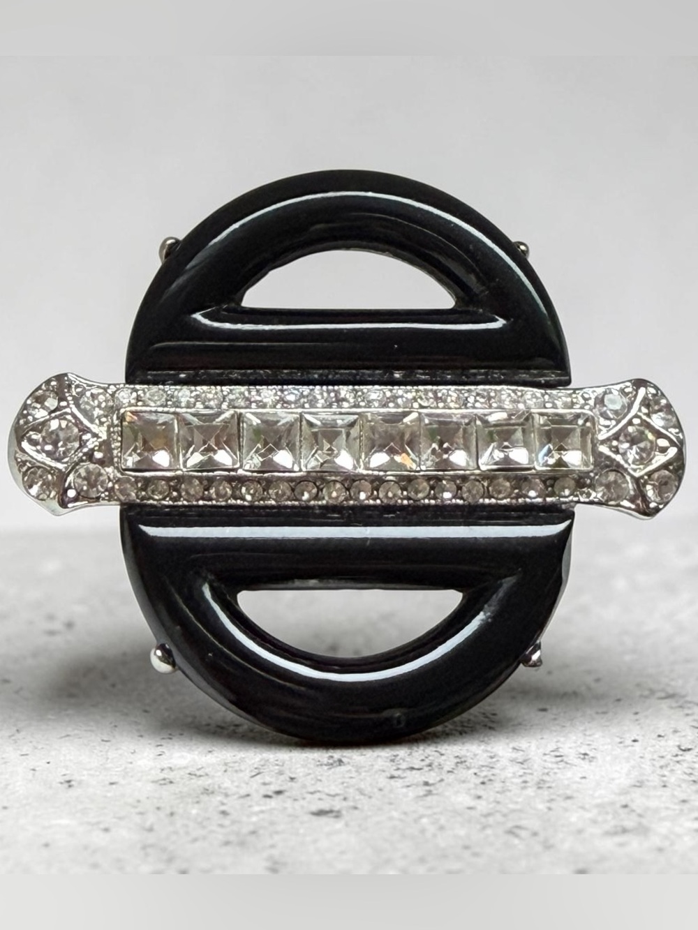 Kenneth Lane Black Faux Onyx and Clear Crystal Art Deco Style Brooch Stunning!